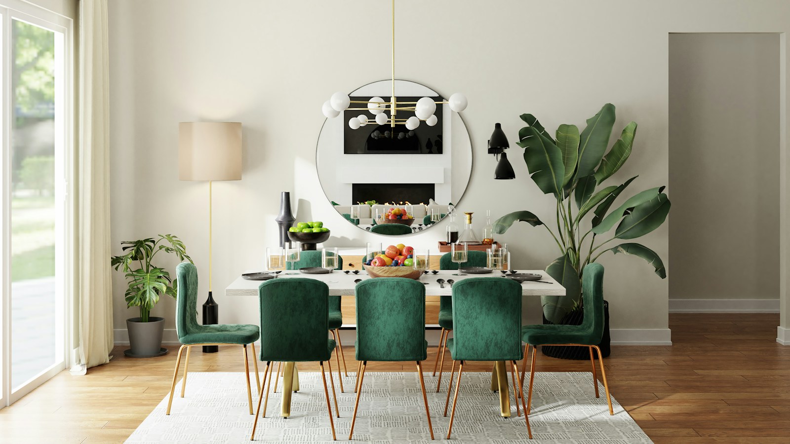 A dining table surrounded by green chairs