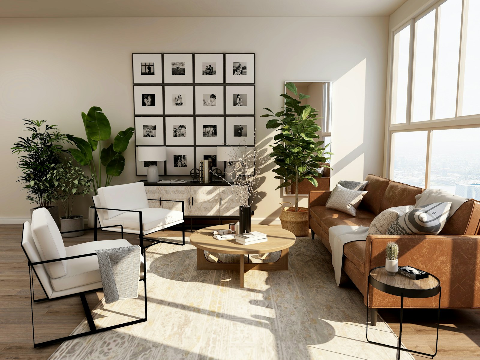 Light-filled living room with a sofa, plants and a coffee table