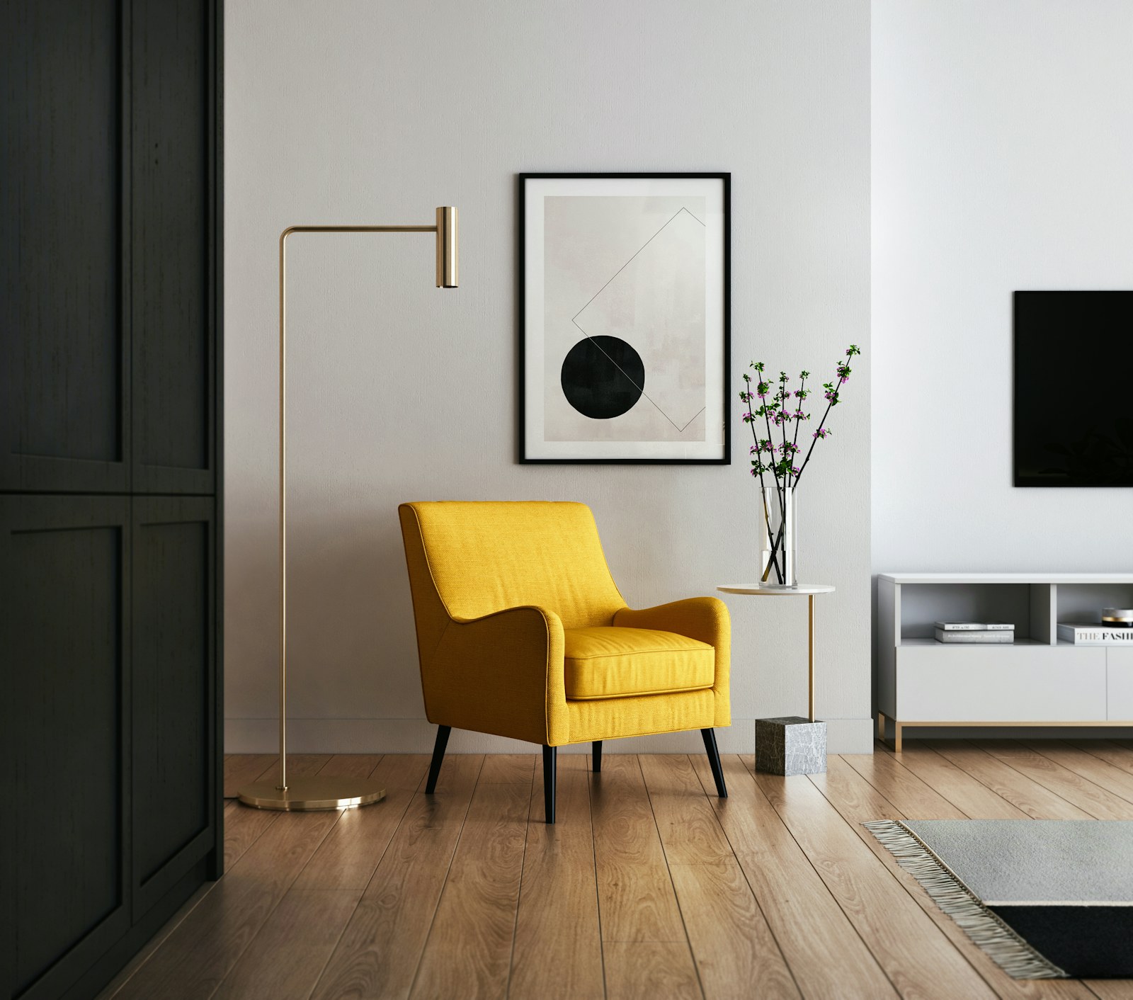 A minimal sitting room with a yellow armchair and clear floor space
